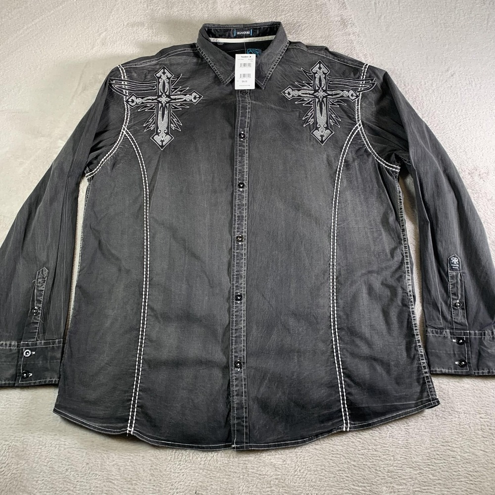 Roar Captivate II Shirt Mens 3XL‎ Black Cross Embroidered Long Sleeve Y2K NEW